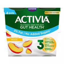 Activia Peach No Added Sugar Fat Free Gut Health Yoghurt Multipack 4x115g